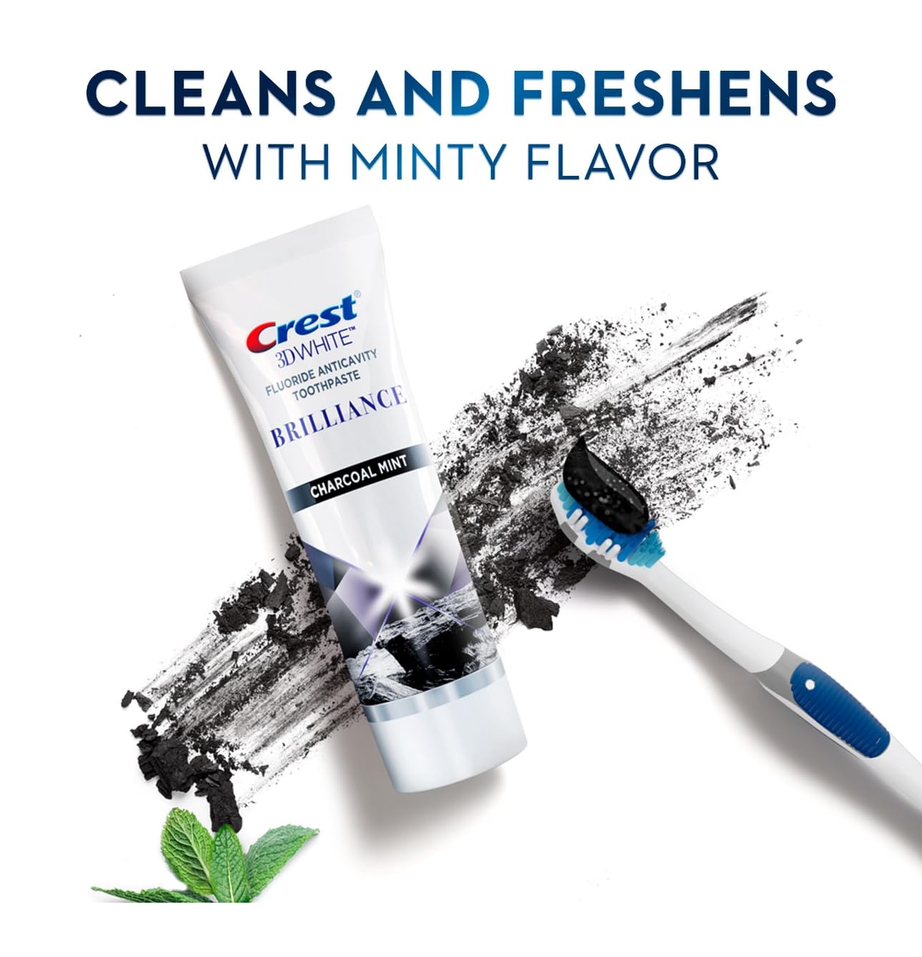 Crest 3D White Brilliance Charcoal, espuma suave para cepillado diario.