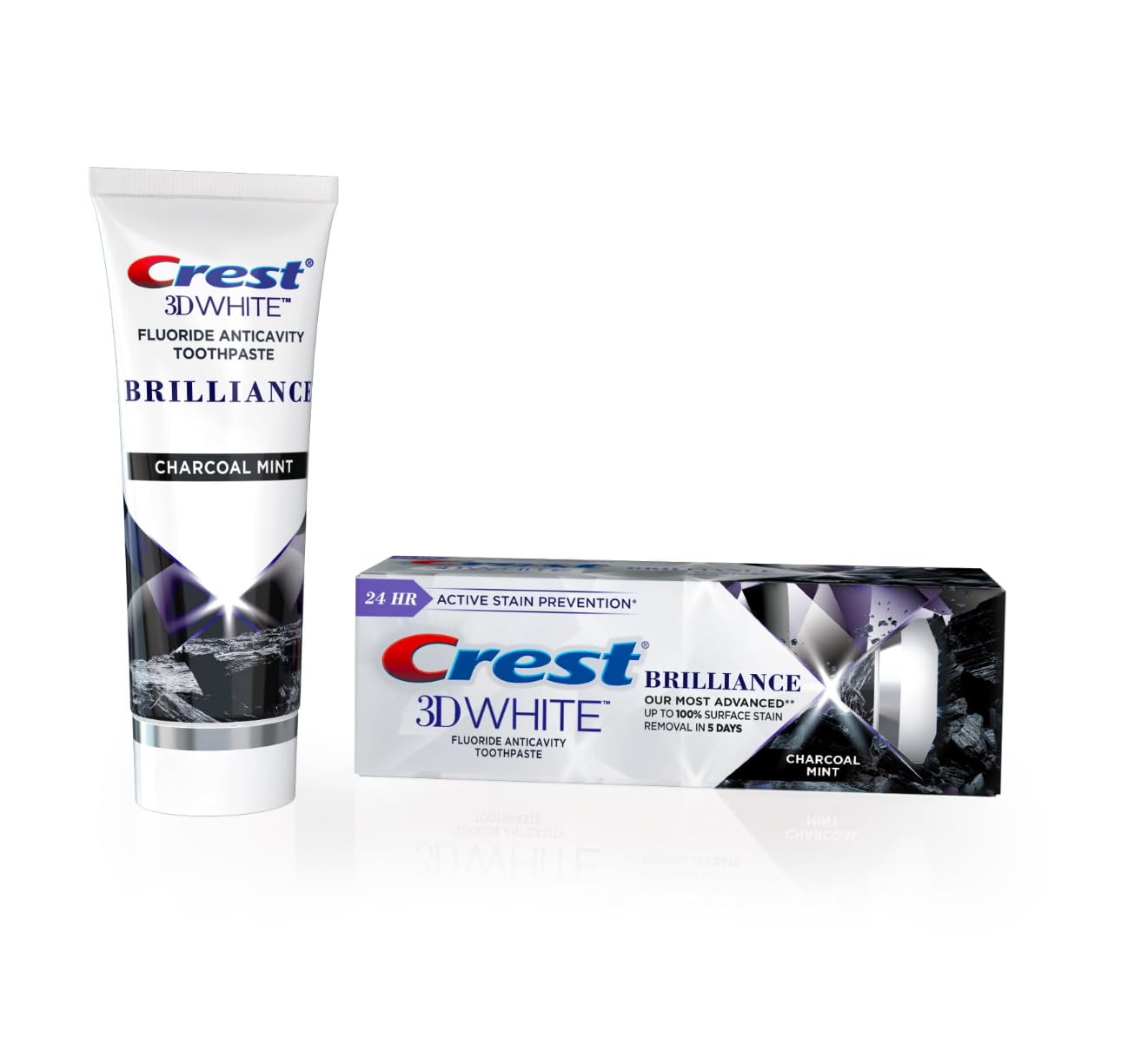 Crest 3D White Brilliance Charcoal, tubo de pasta con fluoruro para prevenir caries.