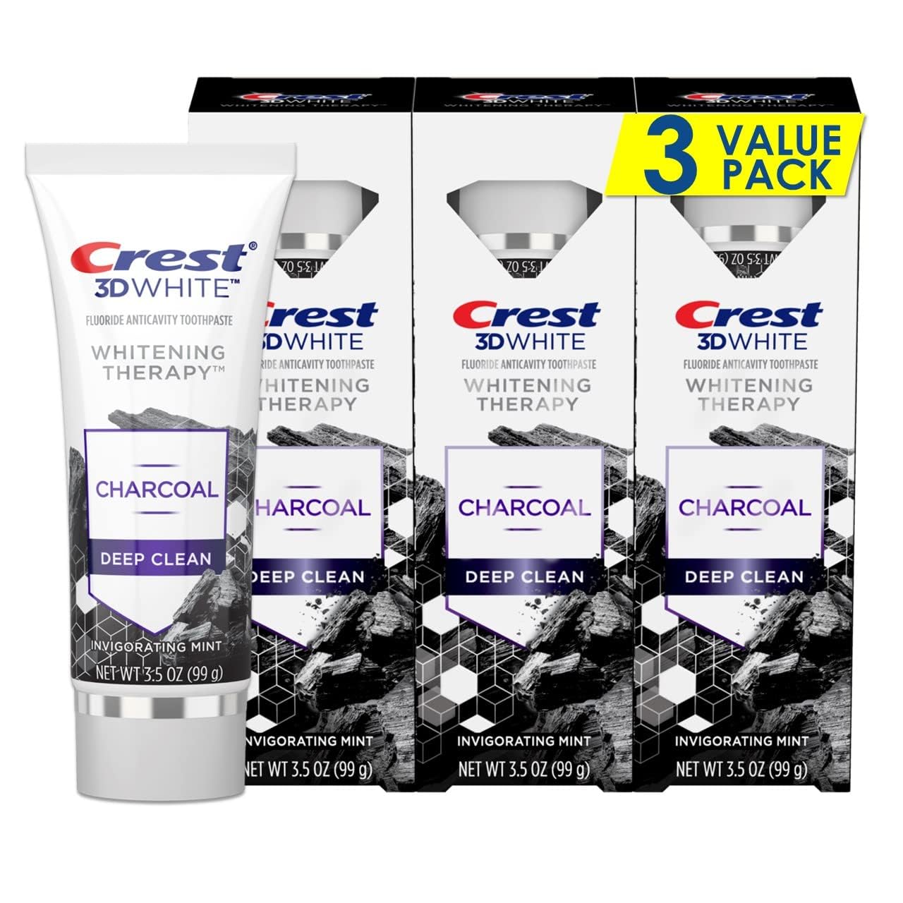 Crest 3D White Charcoal, tubo pack, blanqueamiento suave para manchas superficiales.