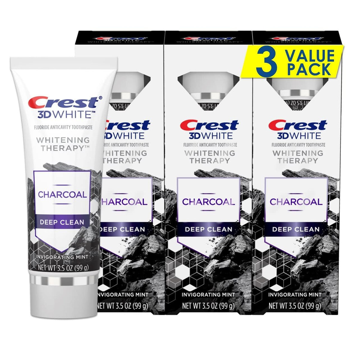 Crest 3D White Charcoal, tubo pack, blanqueamiento suave para manchas superficiales.