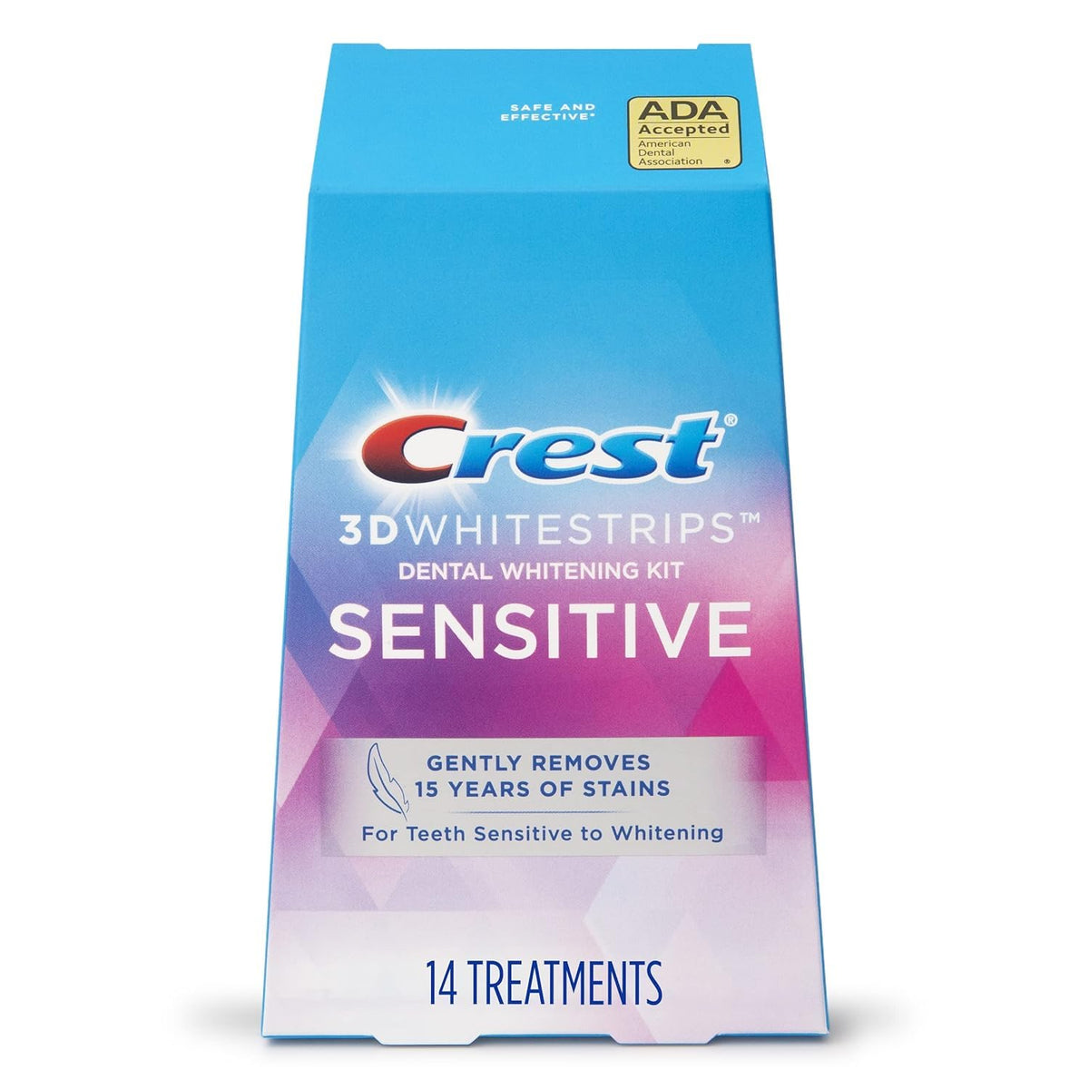 Crest 3D Whitestrips sensibles: empaque frontal para iniciar el tratamiento en casa.
