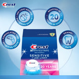 crest 3d whitestrips sensitive + luz led: aplicación de tiras en dientes para blanqueamiento suave.