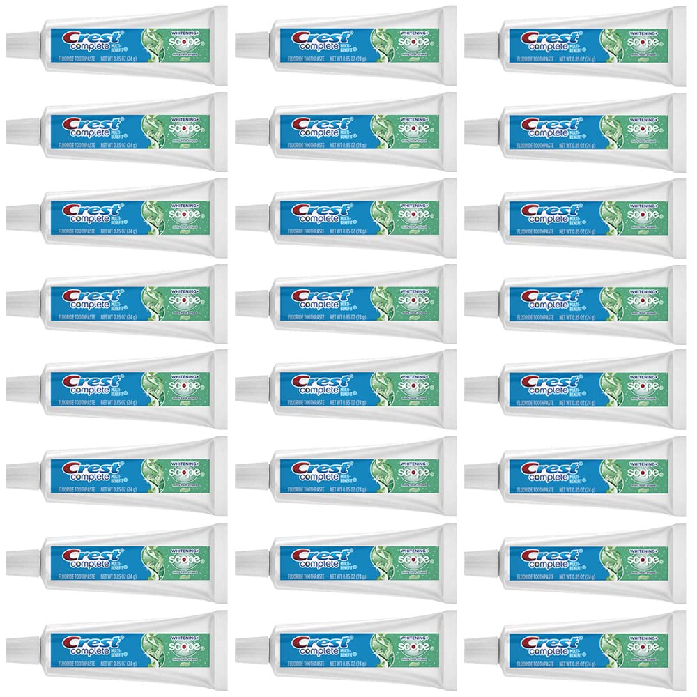 Crest Complete Whitening Scope menta, tubo visto de frente, limpieza fresca.