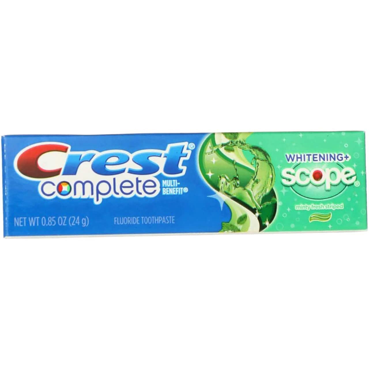 Crest Complete Whitening Scope, tubo, blanqueamiento suave y aliento fresco diario.