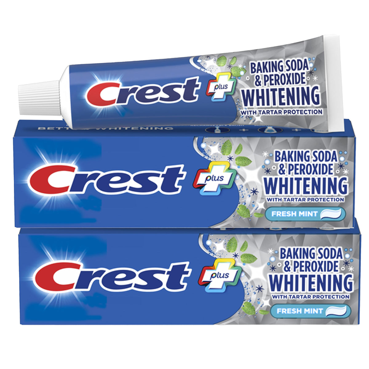 Crest dentífrico blanqueador en tubo con bicarbonato y peróxido para uso diario.