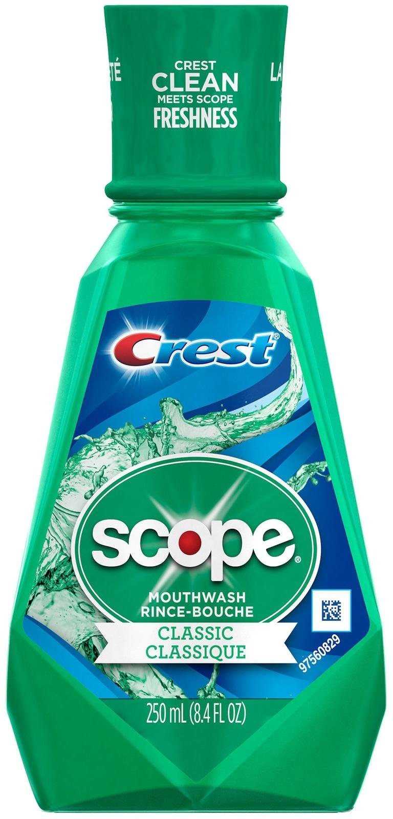 Crest enjuague bucal clásico original en botella de 250 ml para frescura duradera.