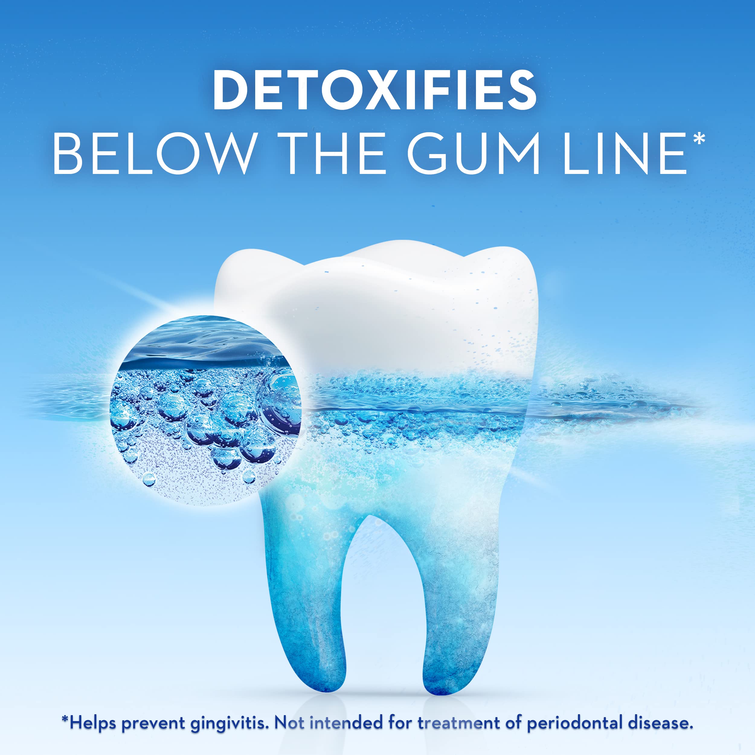 Crest Gum Detoxify Deep Clean, espuma activada, muestra limpieza profunda alrededor de las encías.
