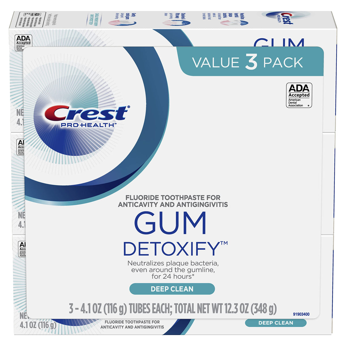 Crest Gum Detoxify Deep Clean, vista frontal del paquete, enfoque en cuidado de encías diario.
