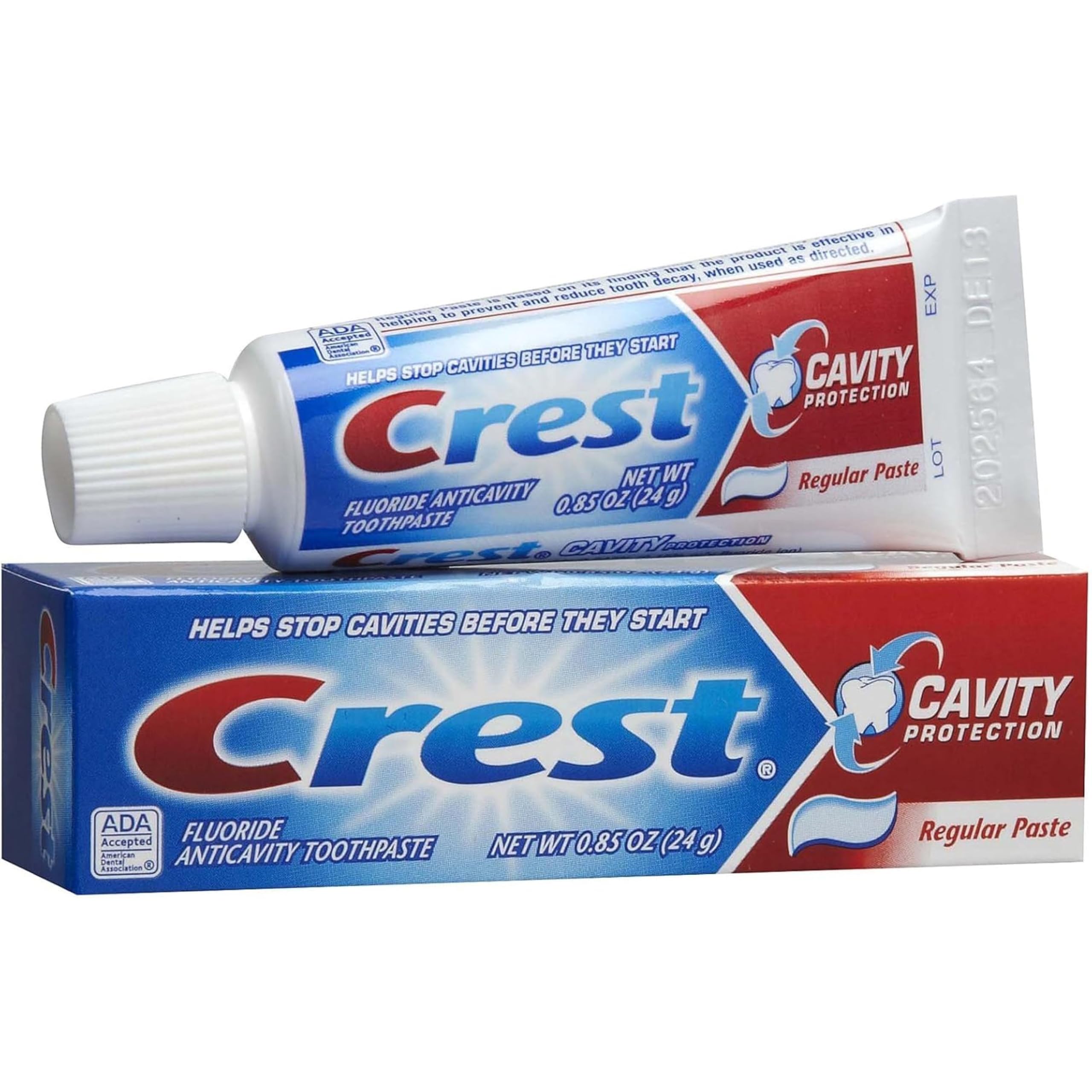 Crest caja portátil de pasta dental para viajes y rutinas consistentes.