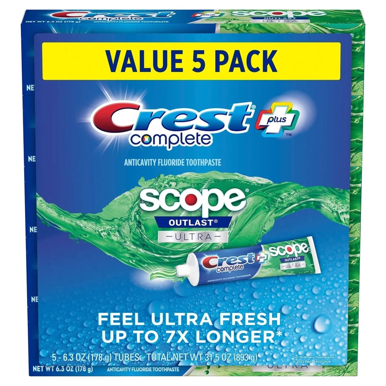 Crest Complete + Scope Outlast Ultra, tubo de pasta dental con frescura prolongada.