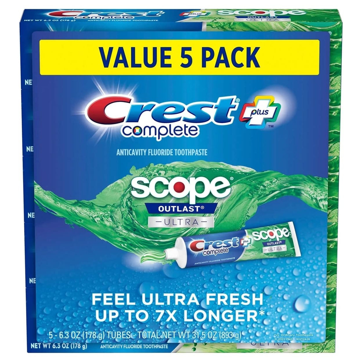 Crest Complete + Scope Outlast Ultra, tubo de pasta dental con frescura prolongada.