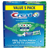 Crest Complete + Scope Outlast Ultra, tubo de pasta dental con frescura prolongada.