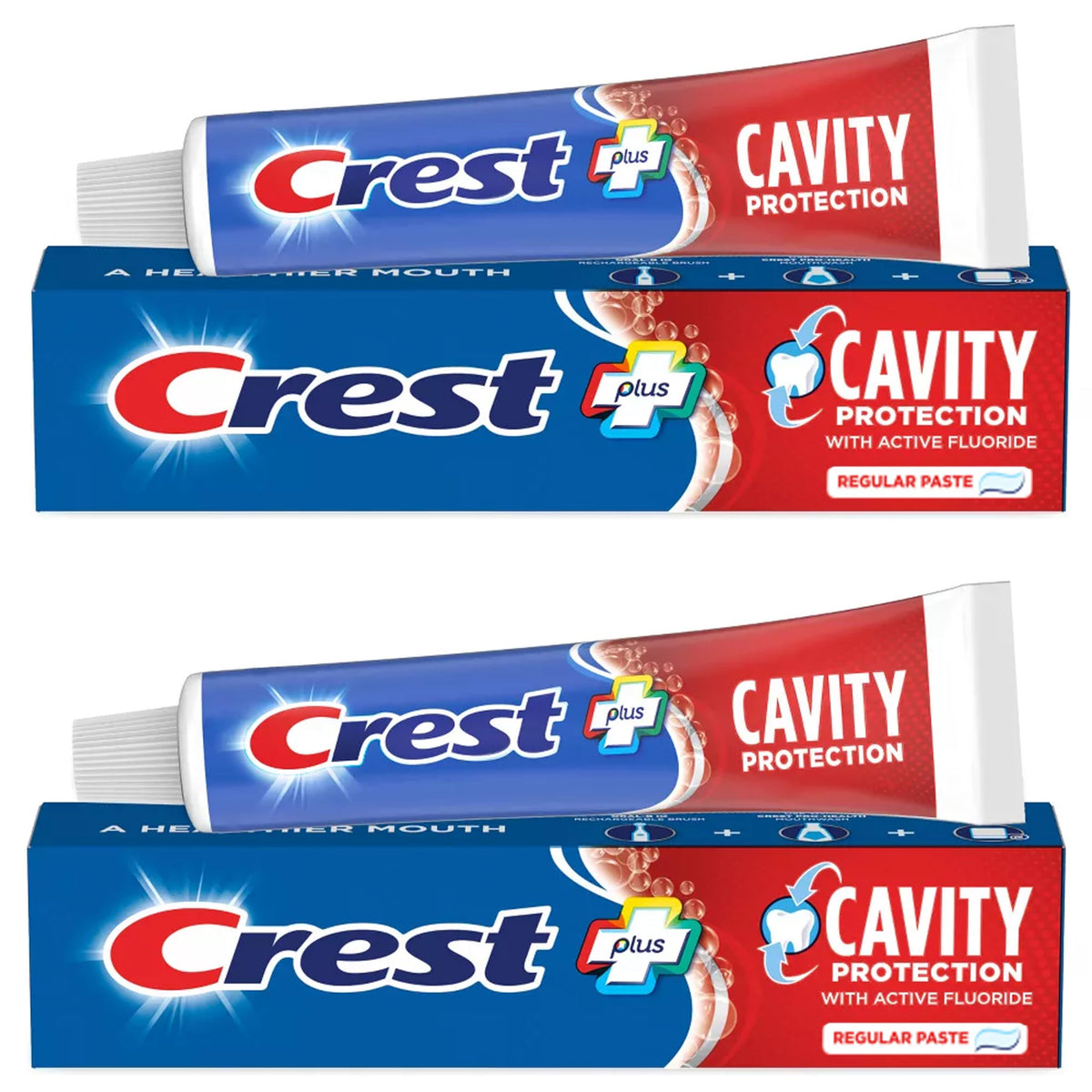 La pasta Crest regular muestra el tubo y destaca la protección contra caries para el uso diario.
