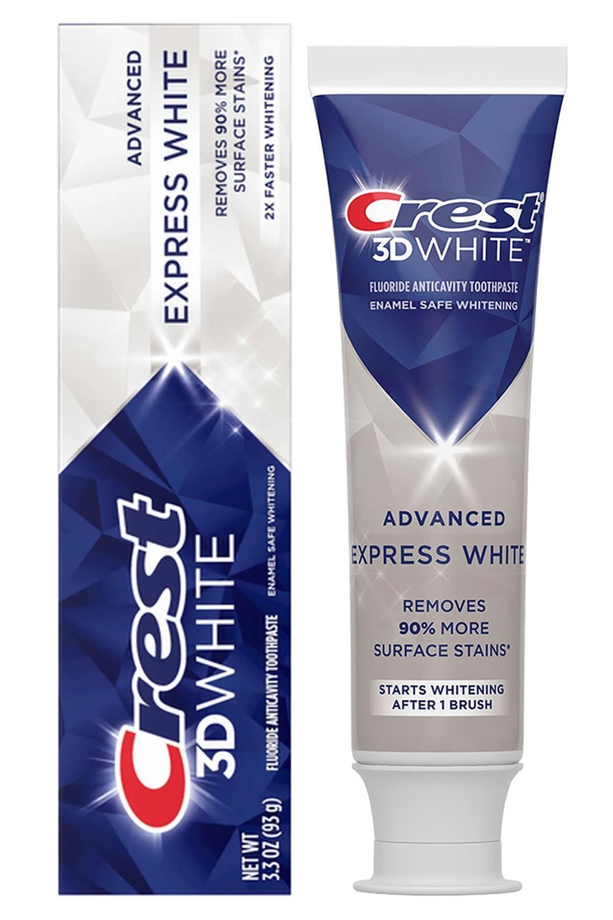 Crest 3D White Express: pasta de dientes para blanqueamiento rápido y aliento fresco.