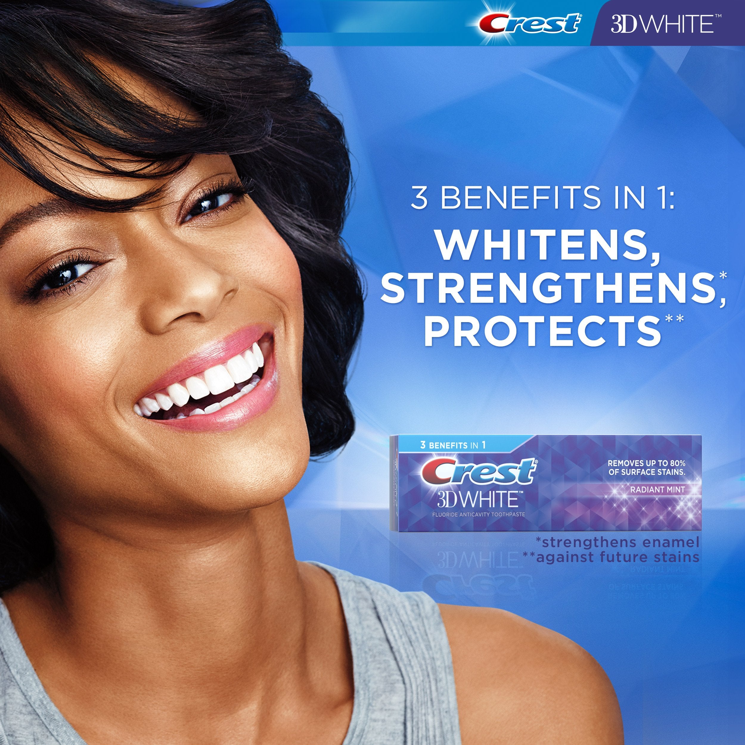Crest pasta dientes blanqueadora, brillo dental y protección contra manchas.