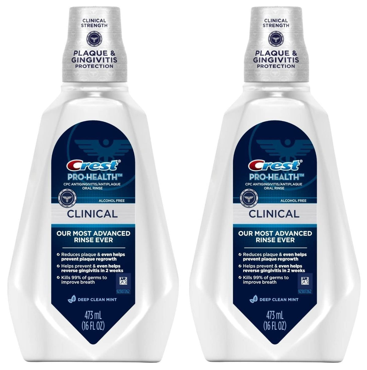 Crest Pro-Health Clinical enjuague bucal mentolado, paquete de dos para uso diario.