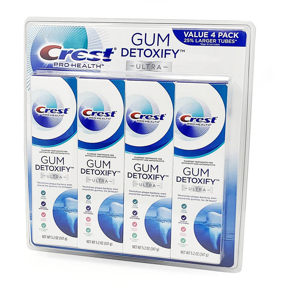 Pasta dental Crest Pro Health Ultra Gum Detoxify en tubo para uso diario seguro y cómodo.