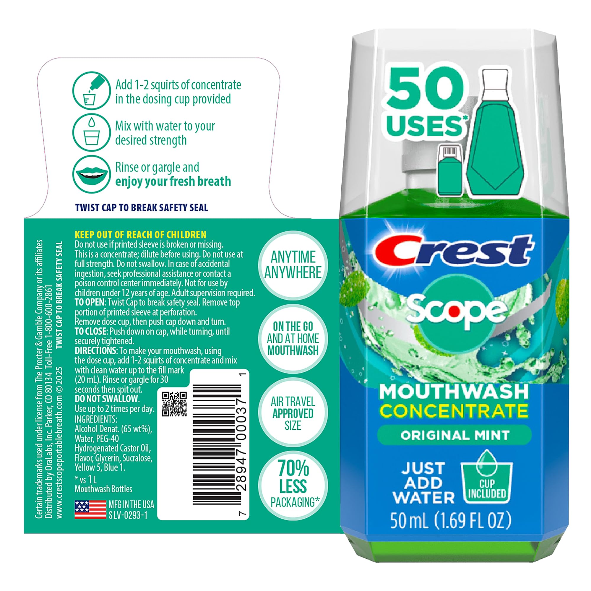 Crest Scope Concentrado botella compacta para llevar en la palma.