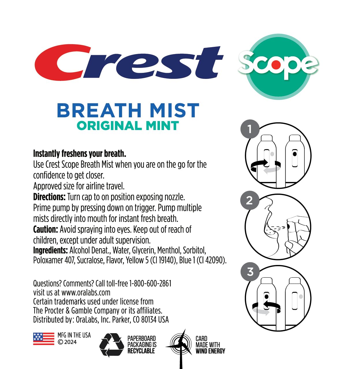 Crest Scope dispensador mentolado: aplicación rápida para aliento limpio.