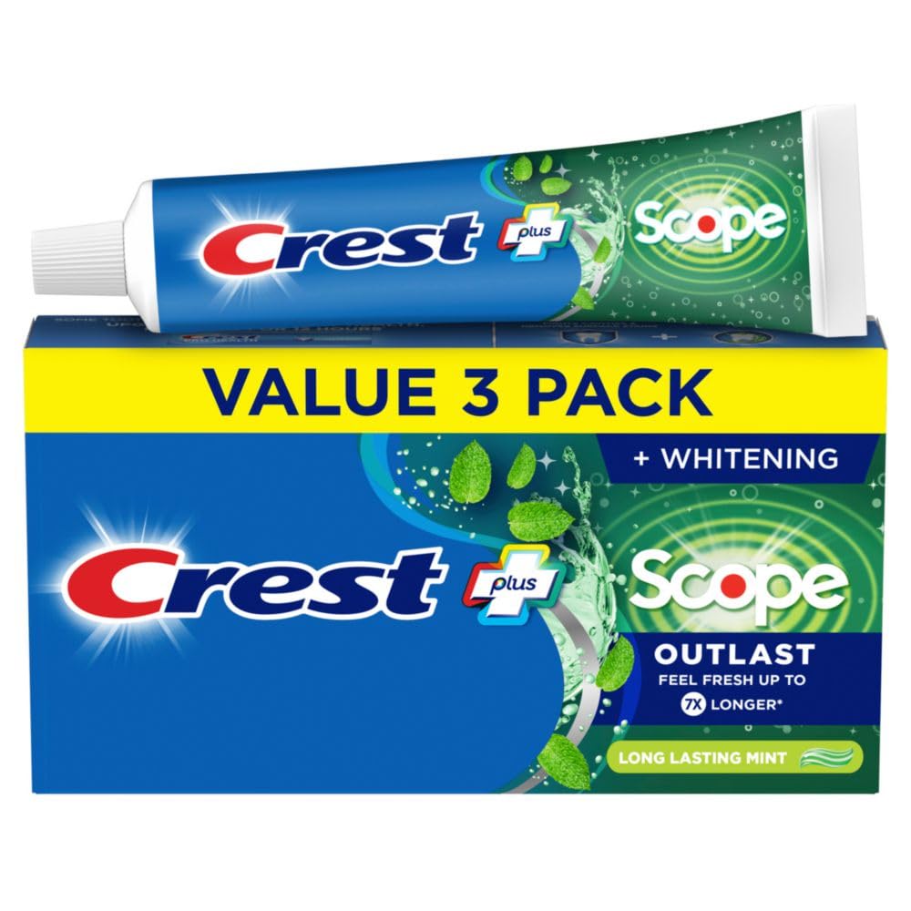 Crest Scope Outlast Complete Whitening, tubo de pasta mentolada para aliento fresco duradero.