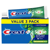 Crest Scope Outlast Complete Whitening, tubo de pasta mentolada para aliento fresco duradero.
