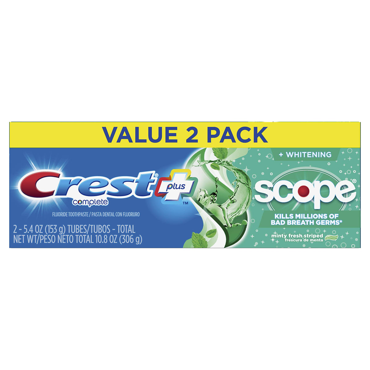 Crest + Scope blanqueante en empaque doble ofrece frescura mentolada para blanqueamiento suave.