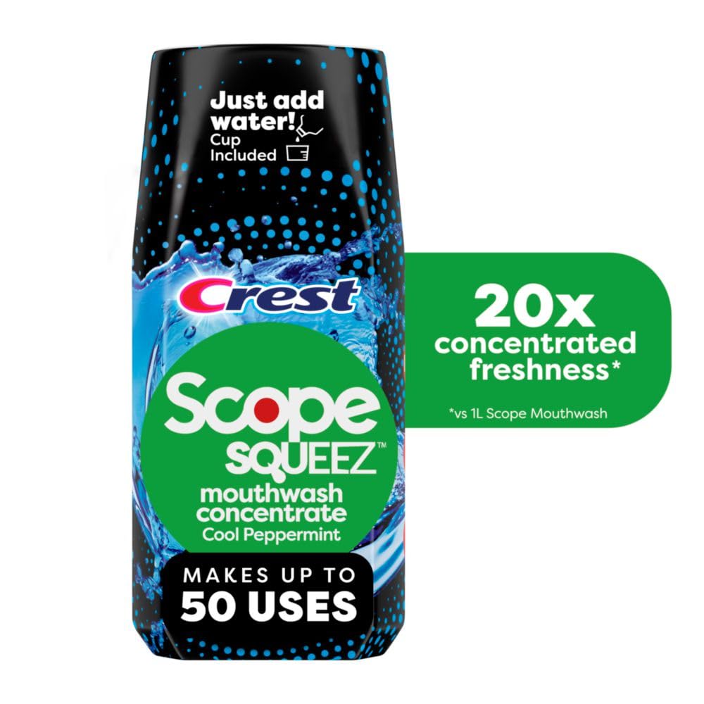 Crest Scope Squeez, botella 50 ml, enjuague concentrado para control de intensidad.
