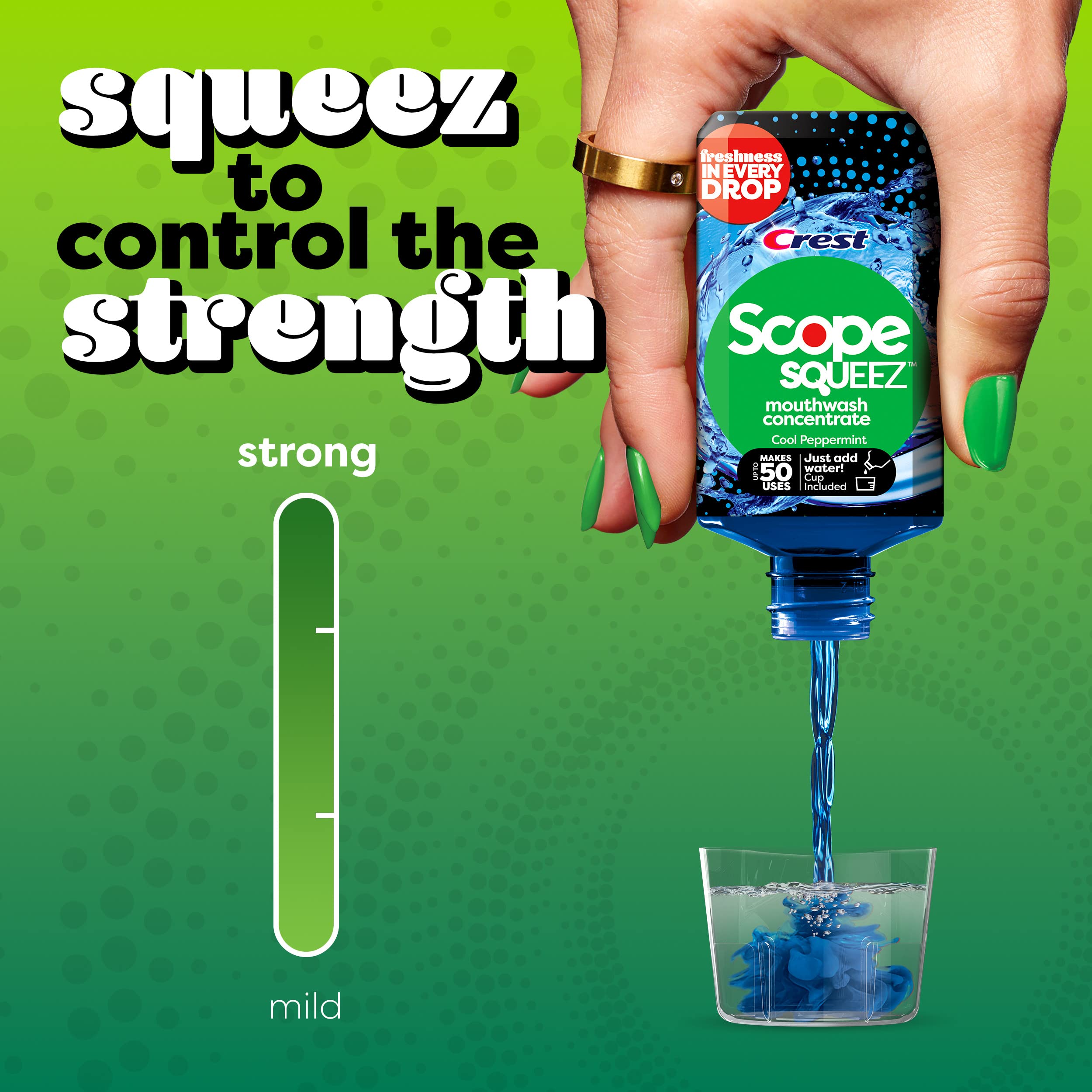 Crest Scope Squeez, concentrado mentolado para una experiencia de enjuague fresca.