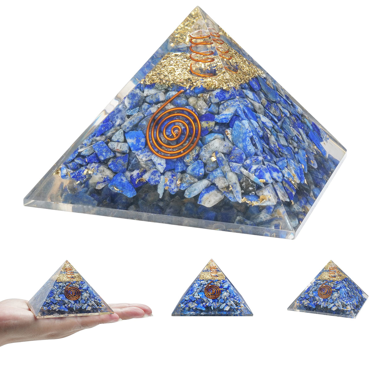 Crocon Orgone pirámide lapislázuli, frontal, fomenta armonía y concentración en el entorno.