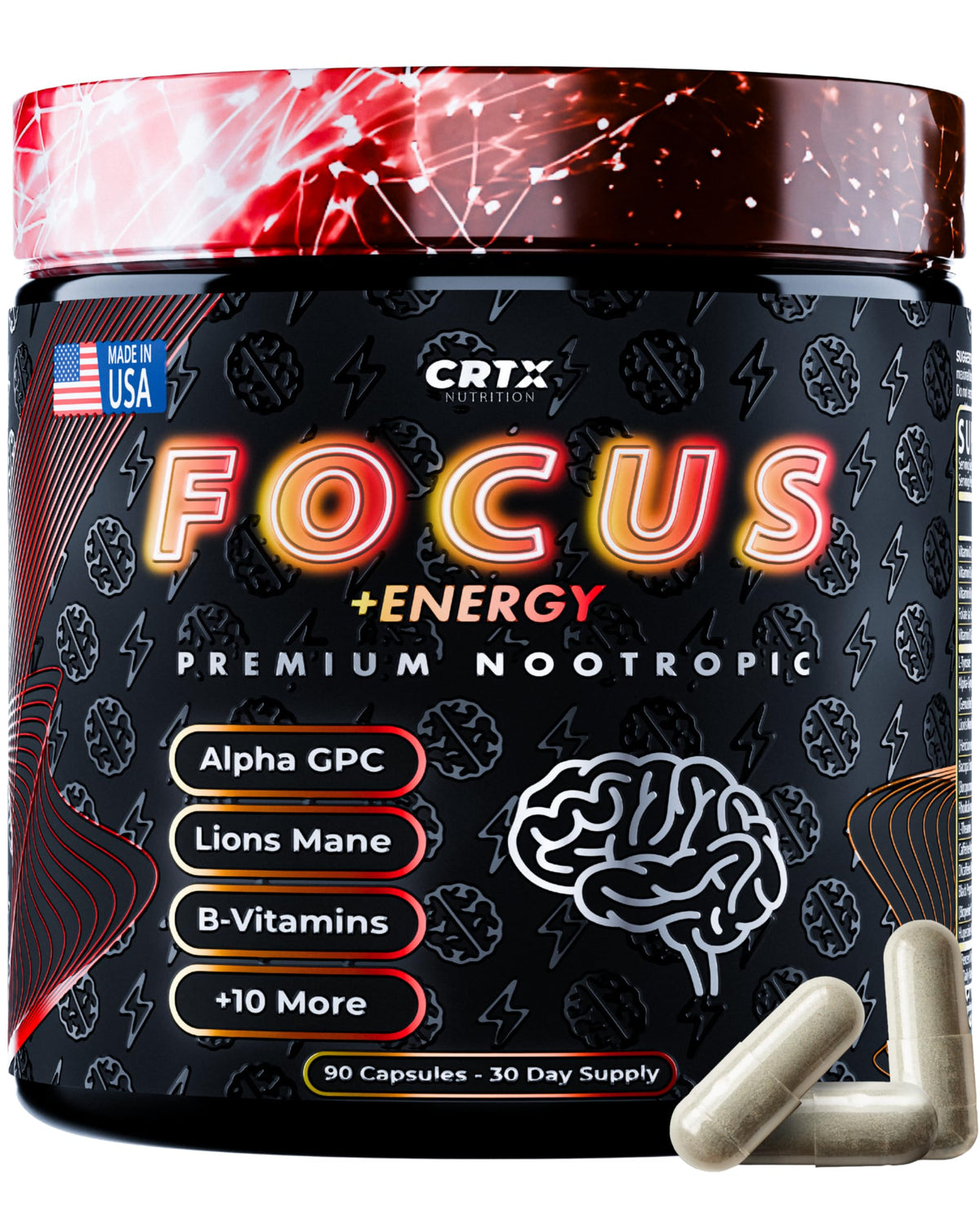 CRTX Nutrition Focus: vista frontal del bote para la concentración.