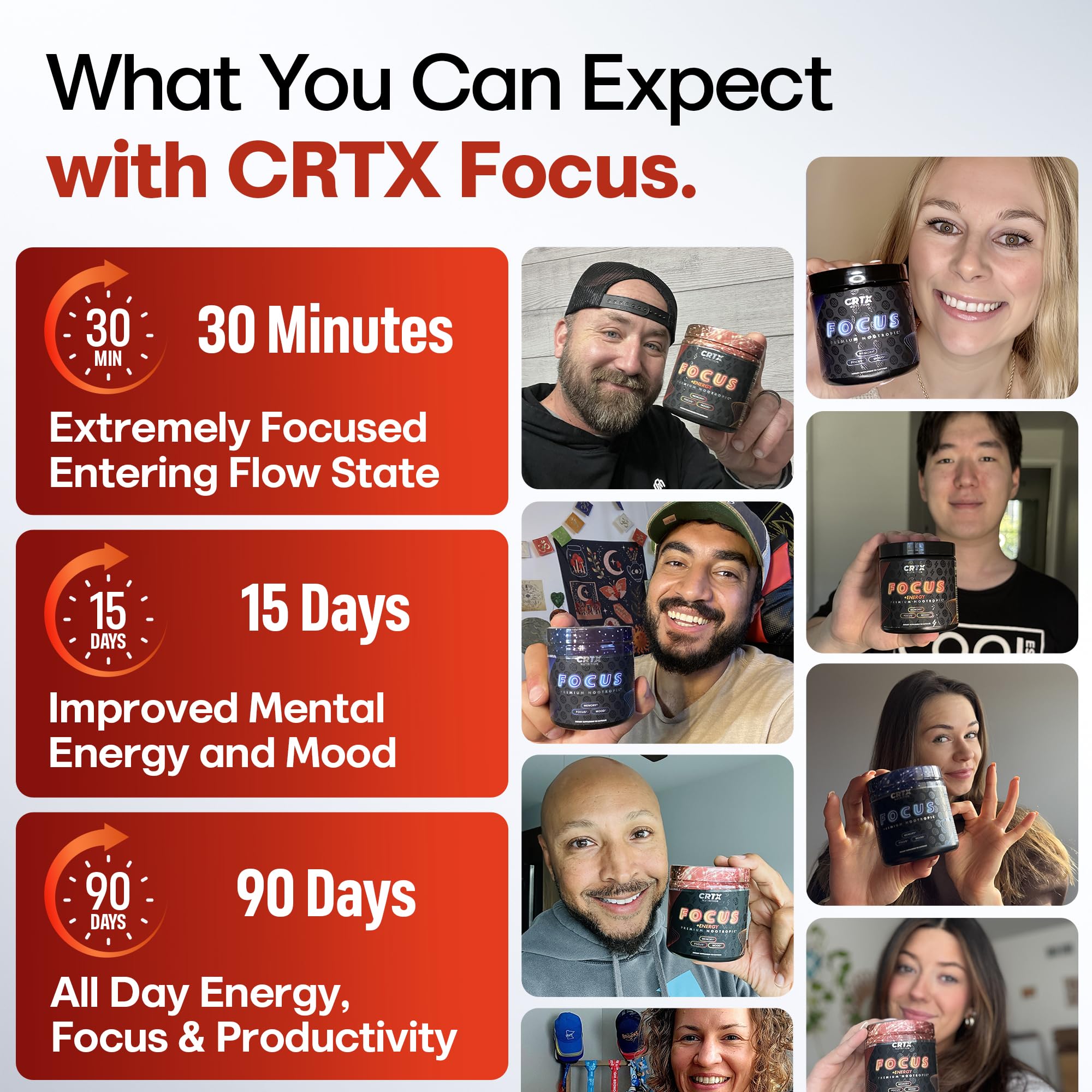 CRTX Nutrition Focus: detalle del frasco subrayando calidad estadounidense.