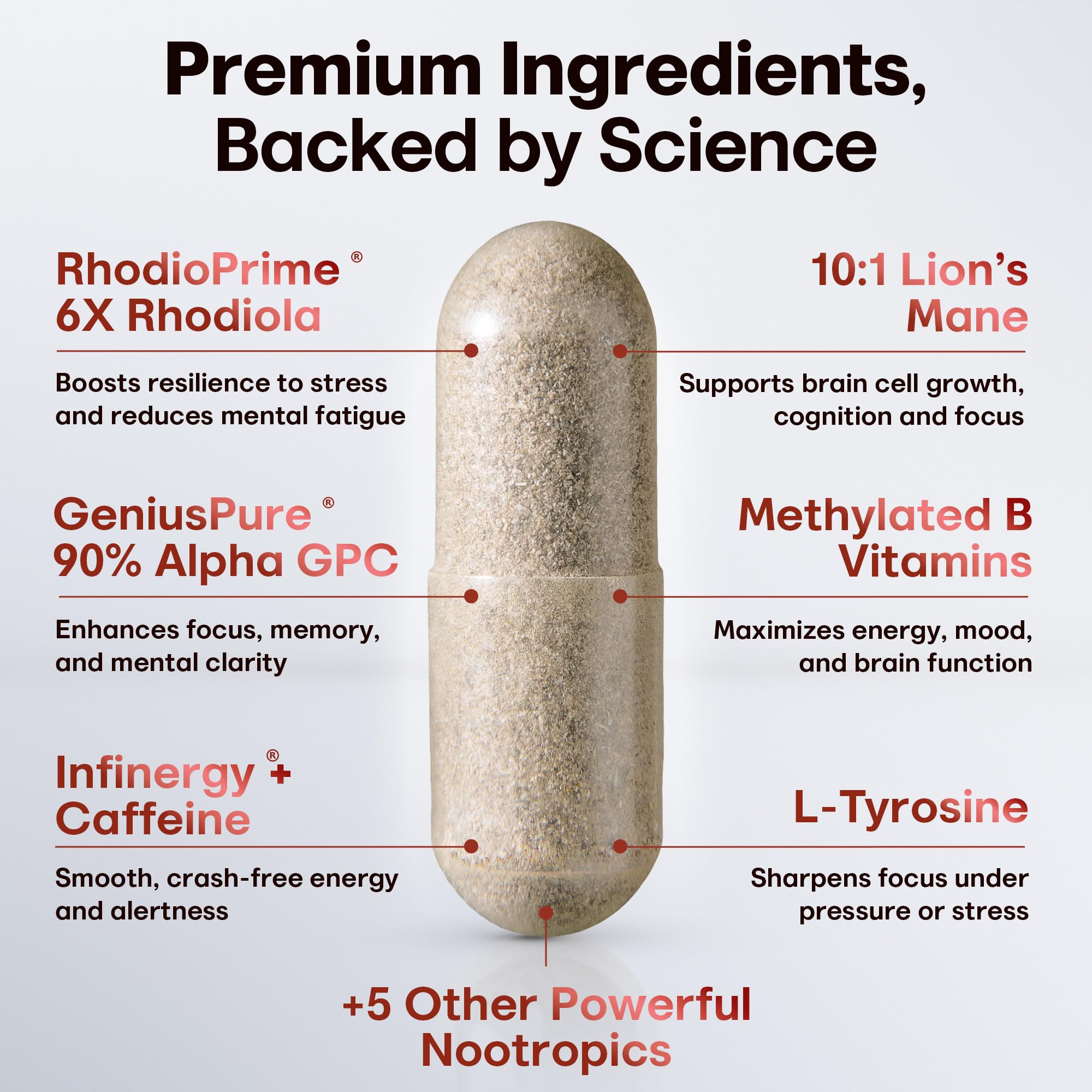CRTX Nutrition Focus: etiqueta visible destacando ingredientes para rendimiento mental.