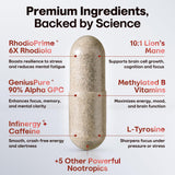 CRTX Nutrition Focus: etiqueta visible destacando ingredientes para rendimiento mental.