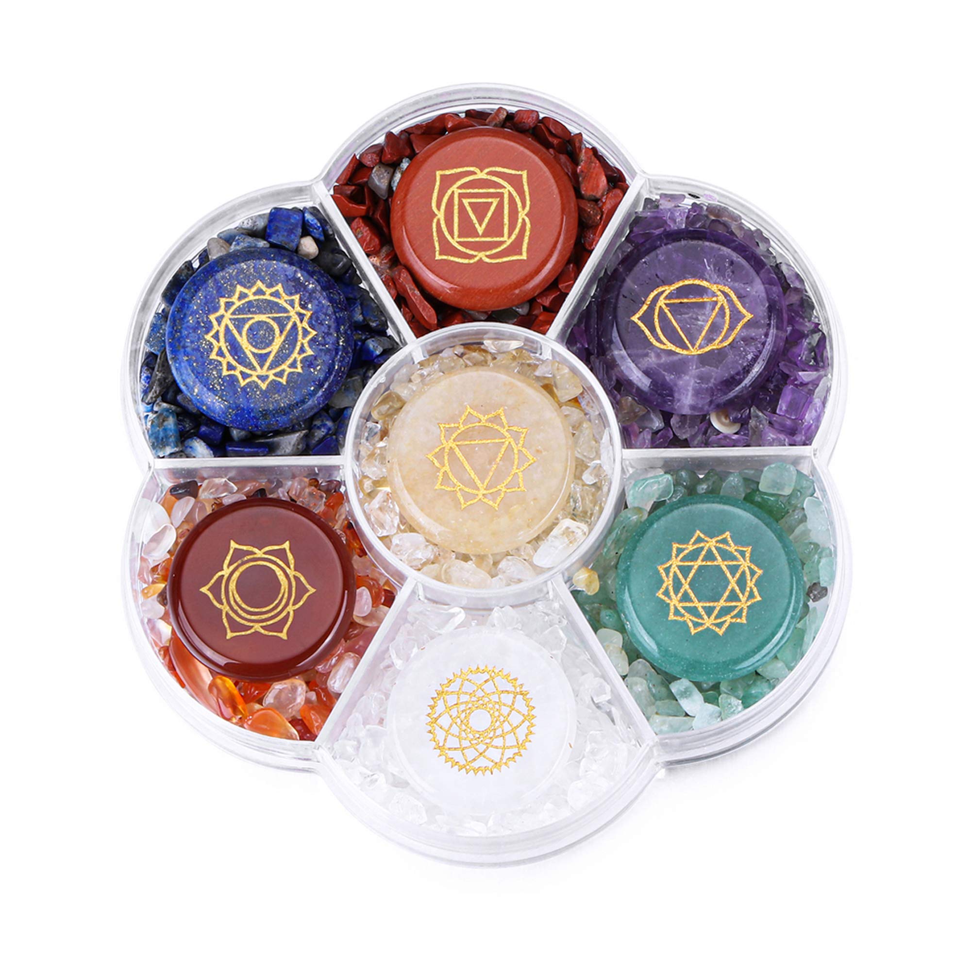 CrystalTears kit de piedras de chakra grabadas para equilibrio energético y meditaciones diarias.