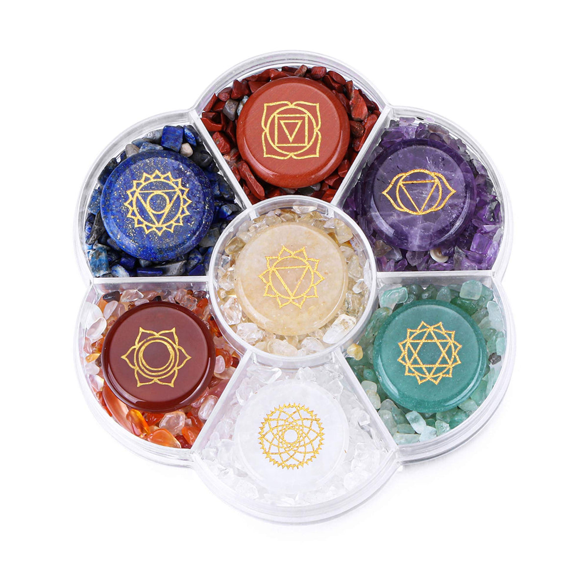 CrystalTears kit de piedras de chakra grabadas para equilibrio energético y meditaciones diarias.