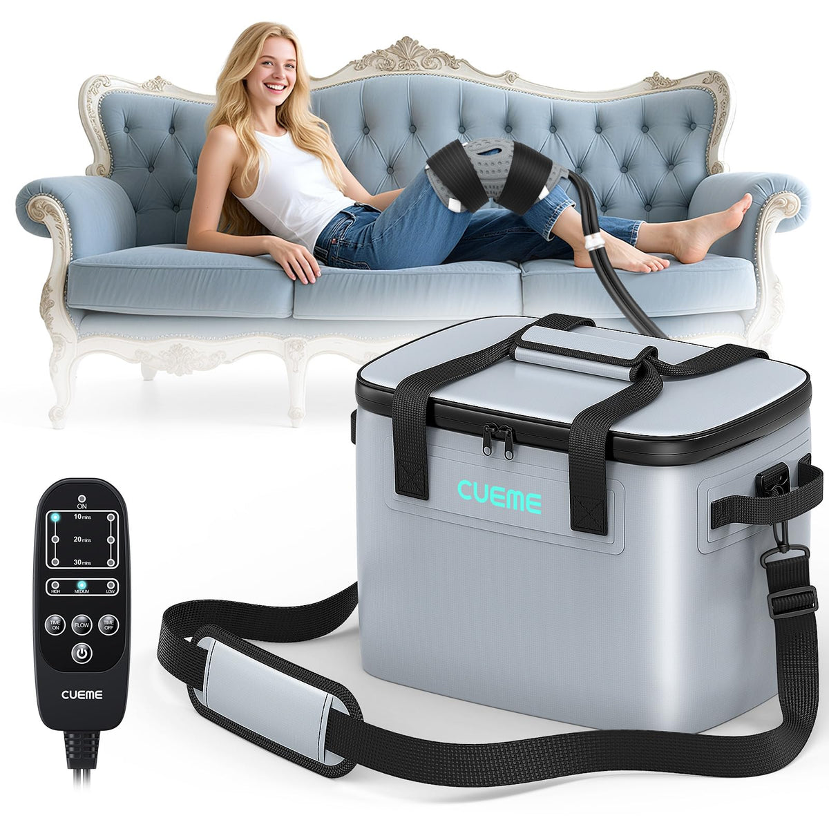 CUEME máquina terapia fría programable para rodilla, alivio focal y recuperación rápida.