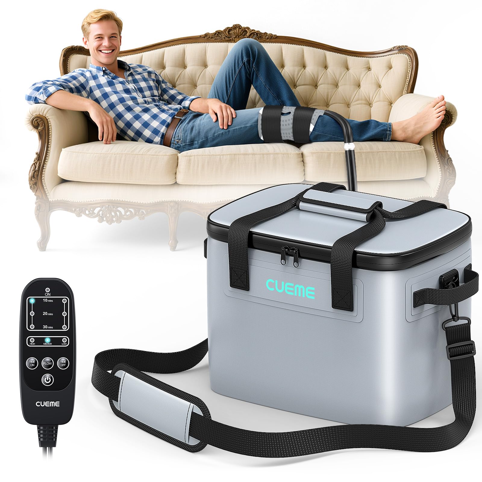 CUEME reserva 20qt con hielo en circulación para terapia fría de rodilla.