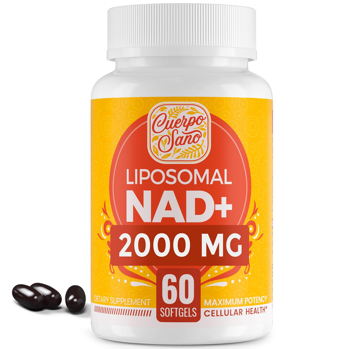 Cuerpo Sano NAD+ 2000 mg: frasco que muestra la dosis alta para energía celular.