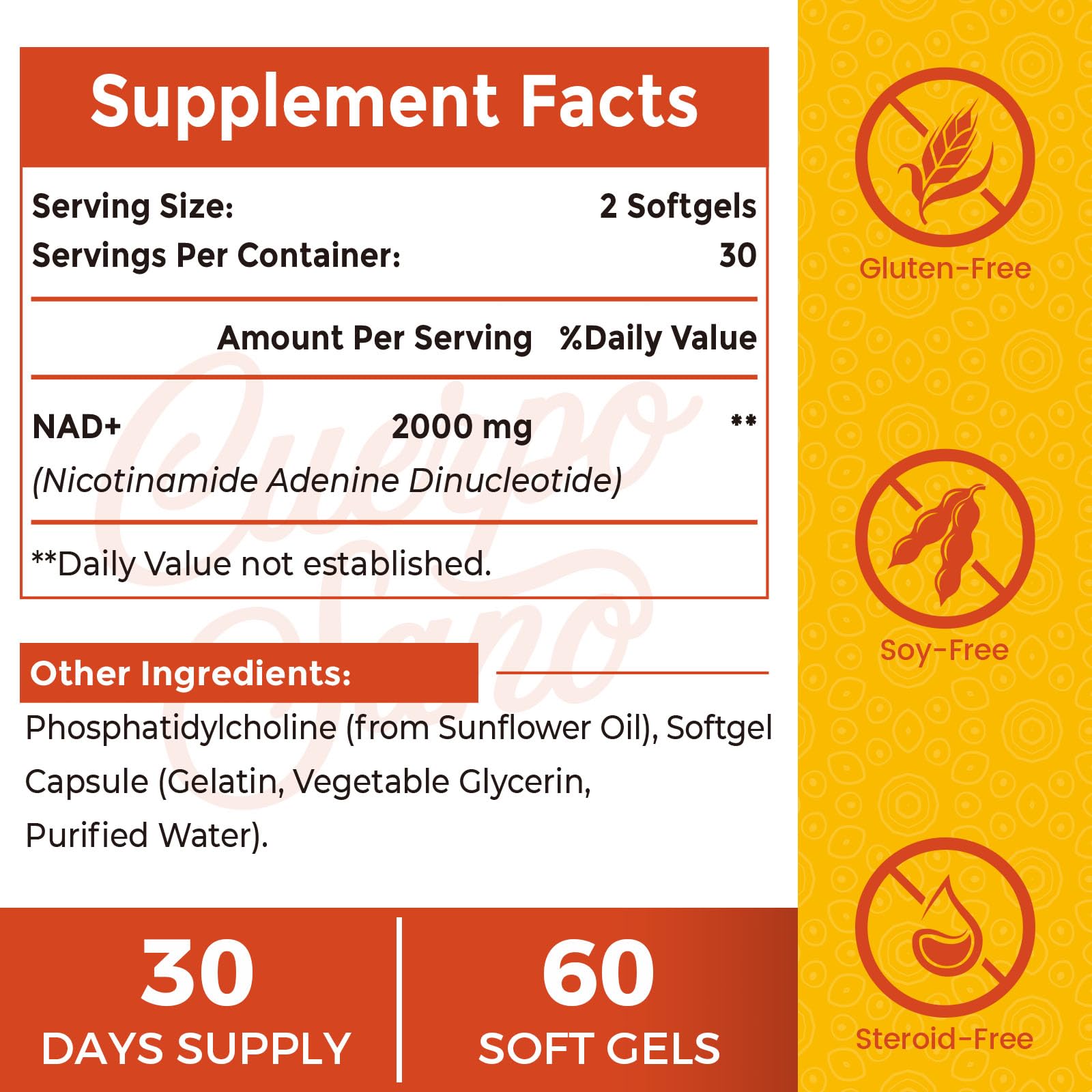 Cuerpo Sano NAD2000mg dosis diaria para energía sostenida.