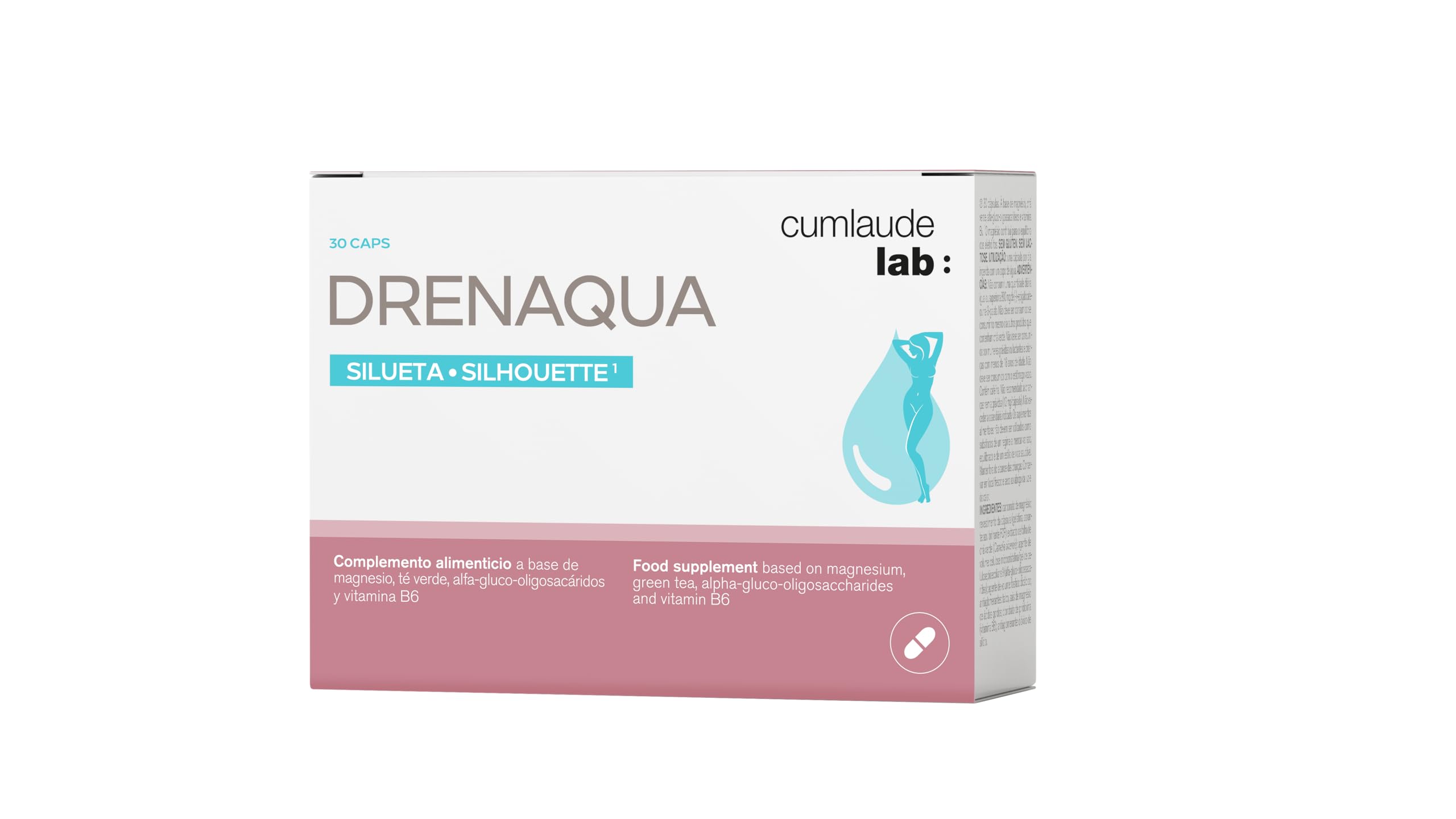 Cumlaude Drenaqua cápsulas - botella sobre mesa, apoyo potencial para la digestión diaria.