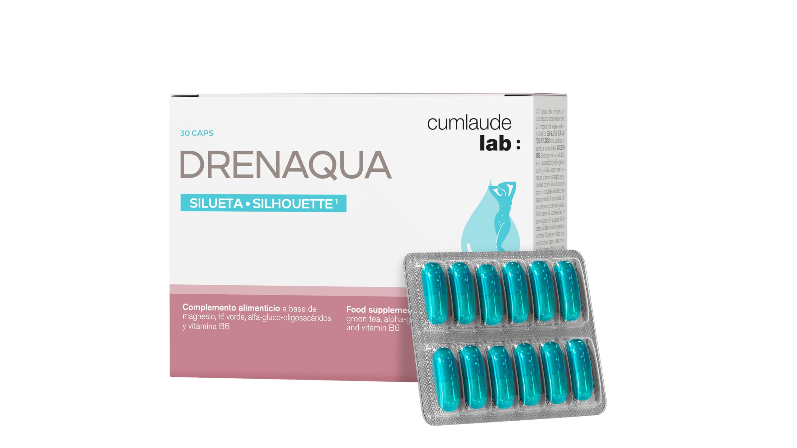 Cumlaude Drenaqua cápsulas - etiqueta con probióticos y prebióticos para equilibrio intestinal.