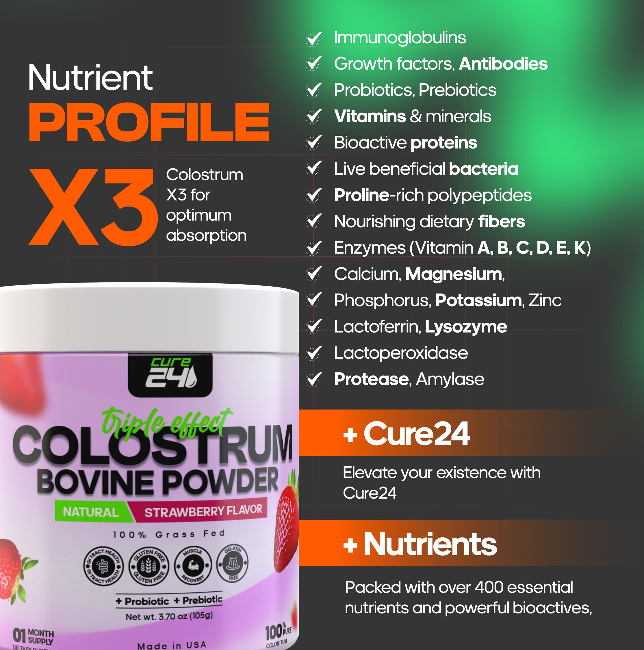 Cure24 Colostro Bovino X3 polvo probióticos y prebióticos para salud intestinal
