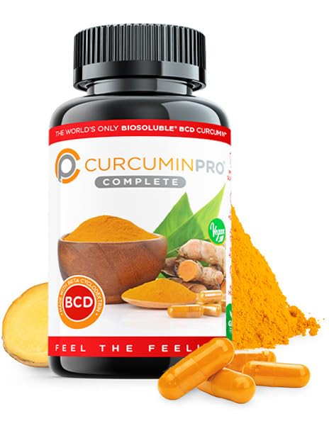 CurcuminPro Complete BCD: primer plano de etiqueta que destaca bio-soluble y cúrcuma orgánica.