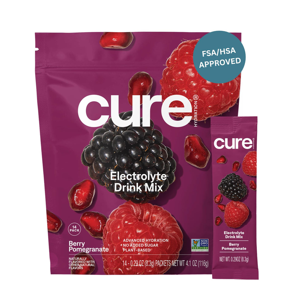 Cure Hydration: botella sabor frambuesa granada para hidratación rápida y refrescante.