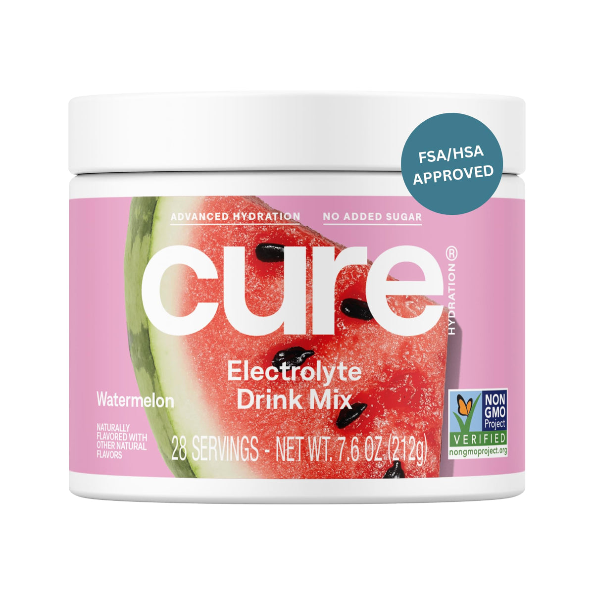 Cure Hydration polvo electrolítico sabor sandía, hidratación rápida con ingredientes vegetales.