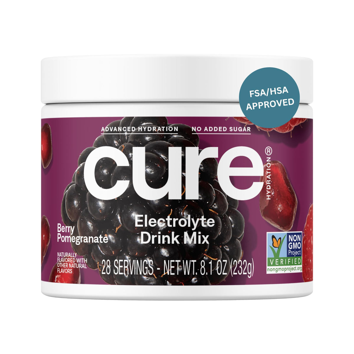 Cure Hydration jarra con sabor frambuesa granada para hidratación conveniente