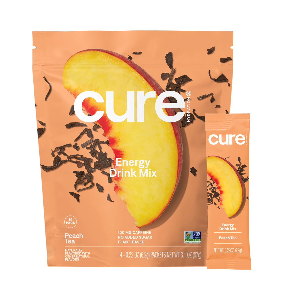Cure Hydration melocotón: paquete de 14 sobres para hidratación rápida.