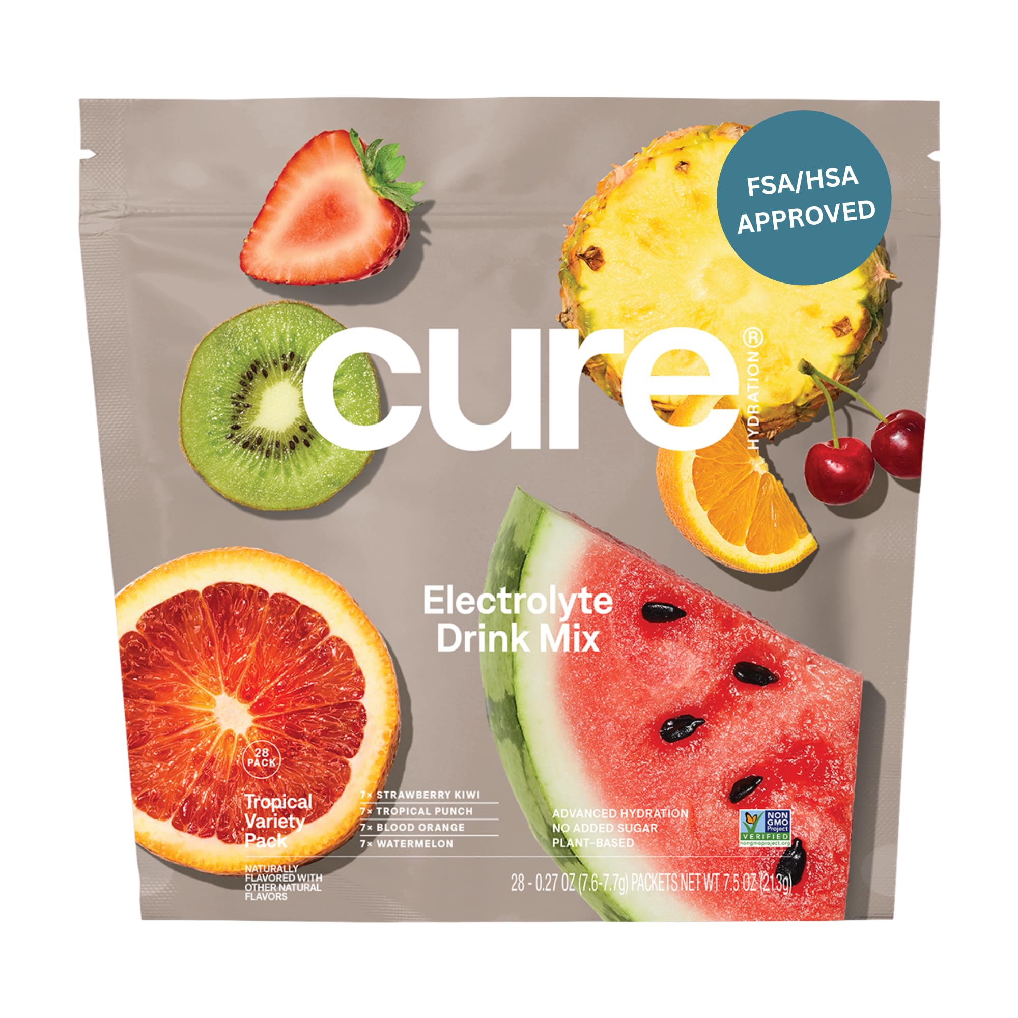 Cure Hydration paquete variedad tropical mostrando empaques individuales para uso diario.