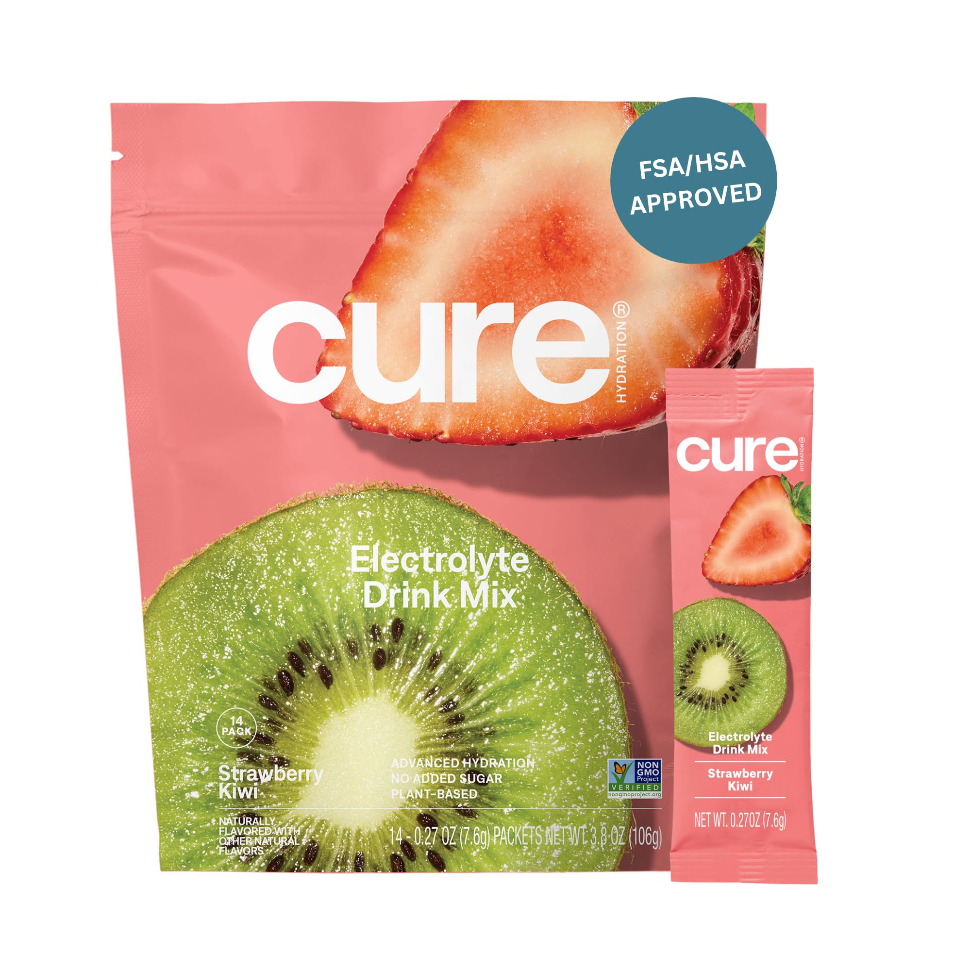 Cure Hydration en polvo de electrolitos con sabor fresa kiwi para hidratación rápida.