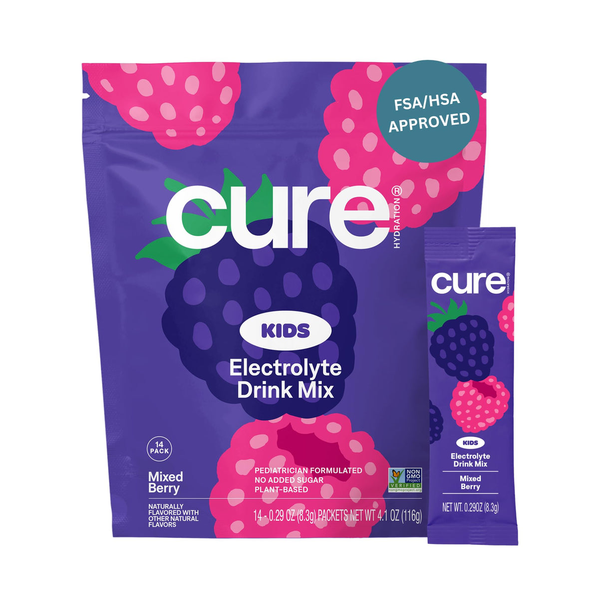 Cure Hydration sobre para nino, sabor mezcla frutas rojas, hidratación diaria sin azúcar